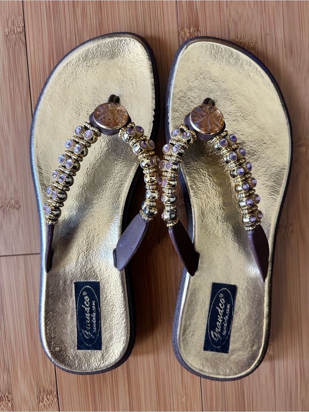 Beaded Thong Sandals Gold Footbed Brown Flip Flops Embellished Boho Chic